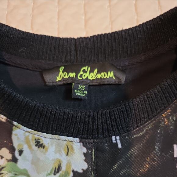Sam Edelman XS Black Floral Patchwork Plaid Sweatshirt Women’s Sweater Top Cozy - Picture 2 of 8
